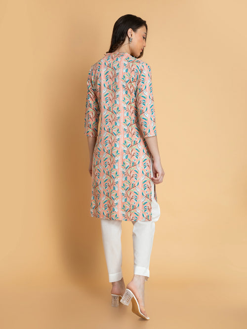 Abstract Printed Rayon Long Kurti with Craft Buttons