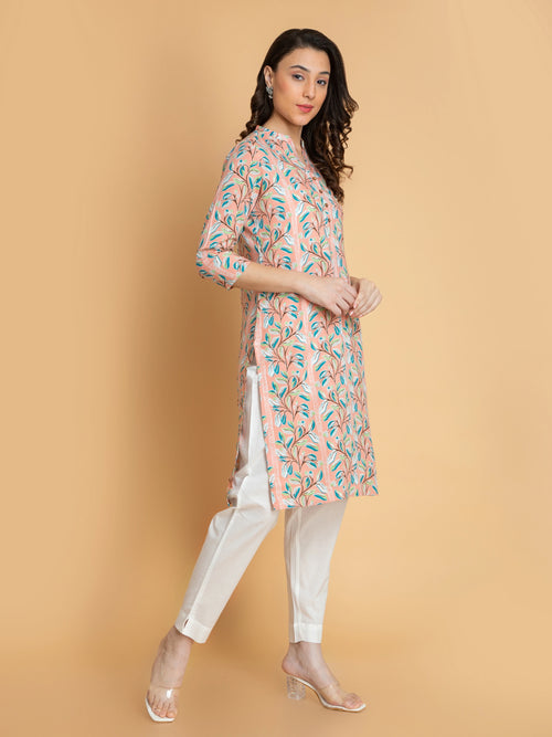 Abstract Printed Rayon Long Kurti with Craft Buttons