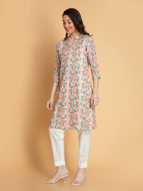 Abstract Printed Rayon Long Kurti with Craft Buttons