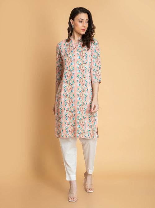 Abstract Printed Rayon Long Kurti with Craft Buttons