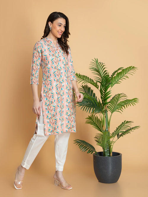 Abstract Printed Rayon Long Kurti with Craft Buttons