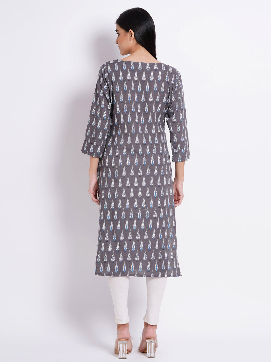 Rayon Linen Printed Boat Neck Kurti with Handwork Details