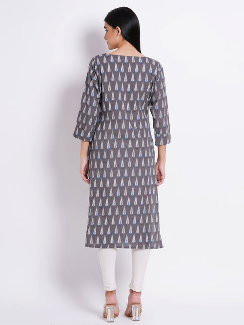 Rayon Linen Printed Boat Neck Kurti with Handwork Details