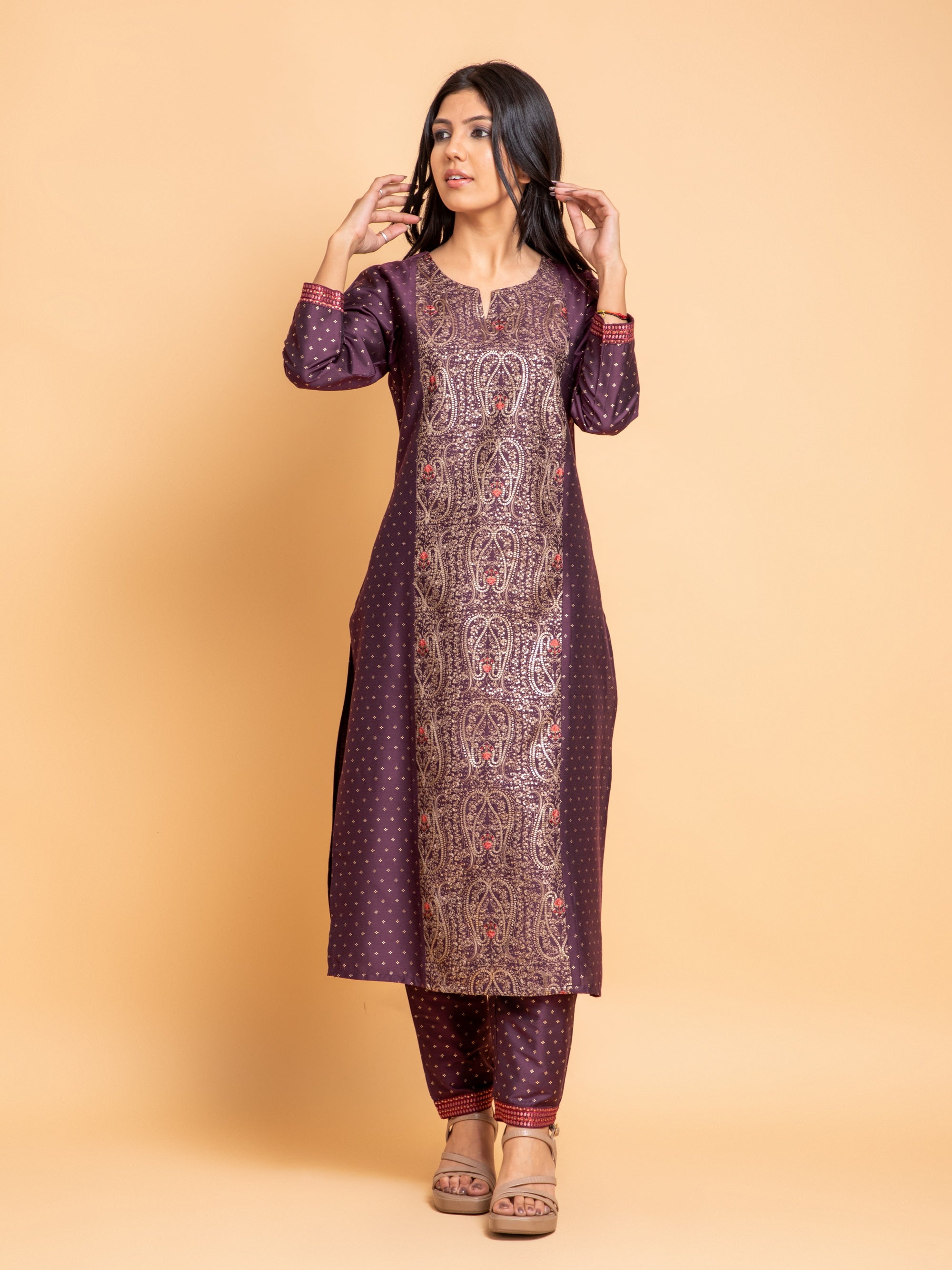Dark Wine 2 Pcs Kurta Set in Poly Viscose