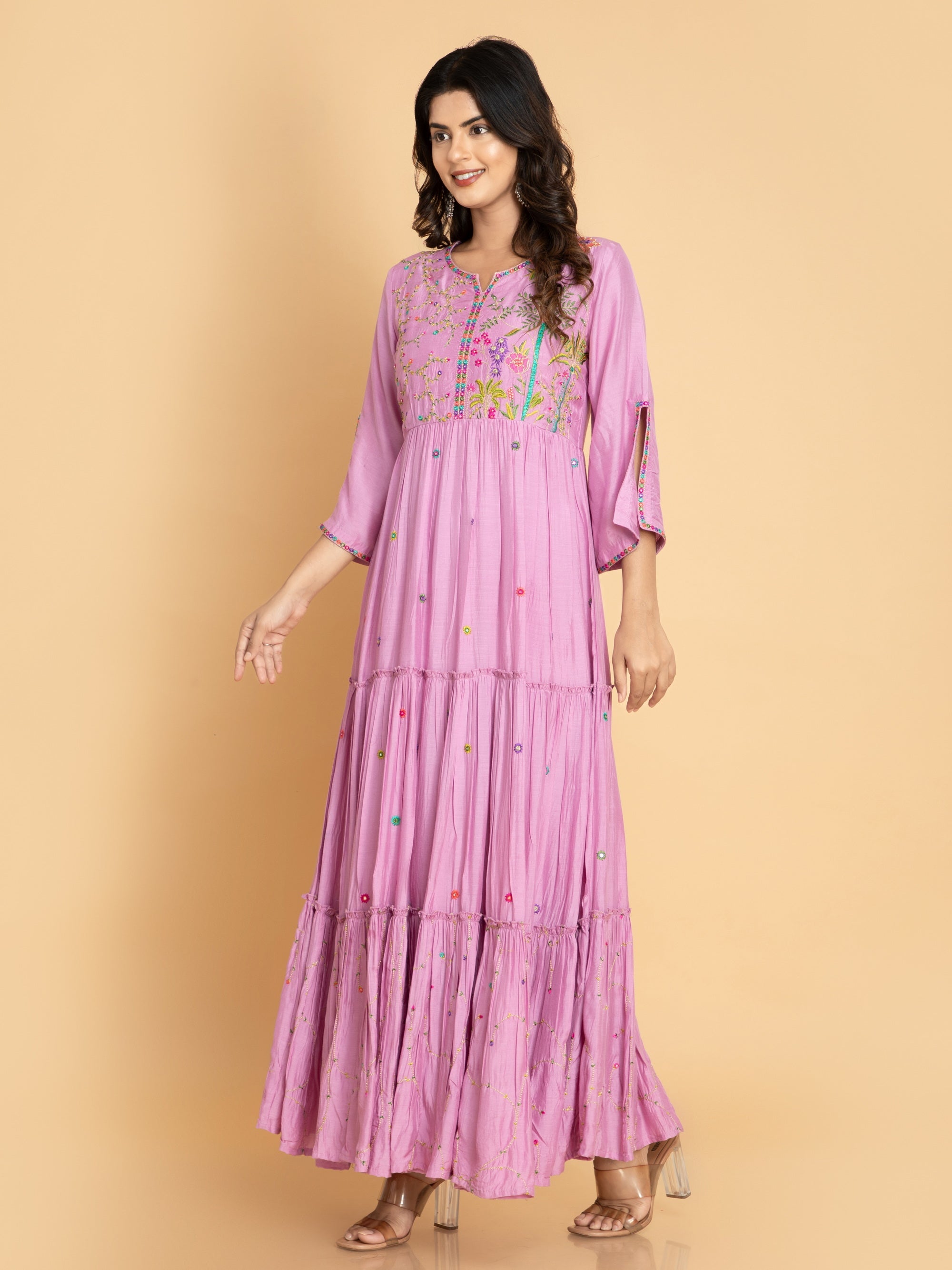 Purple Pink Floor Length Dress in Muslin