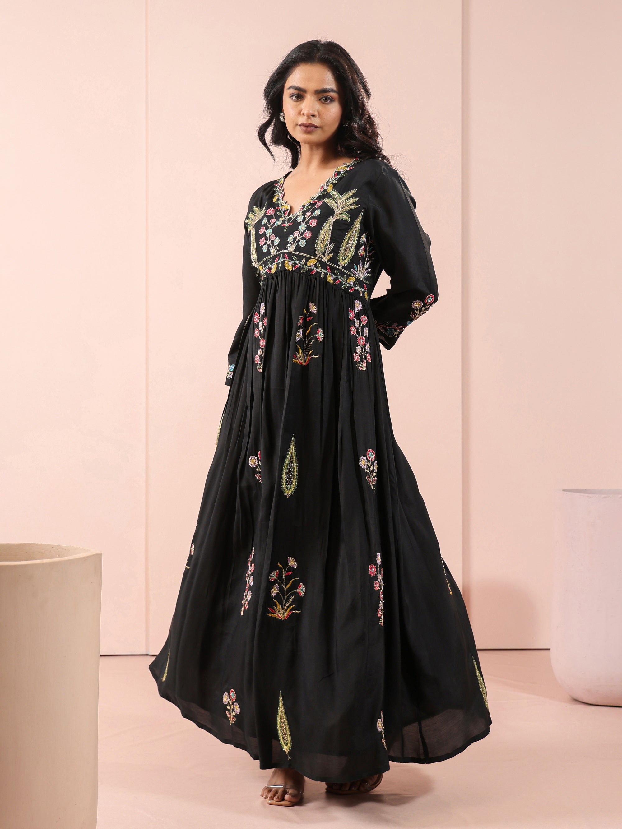 Jet Black Floor Length Dress in Muslin