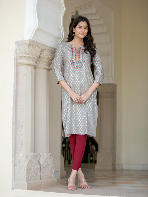 FOIL GOLD PRINTED EMBROIDERY EMBELLISHED STRAIGHT KURTI