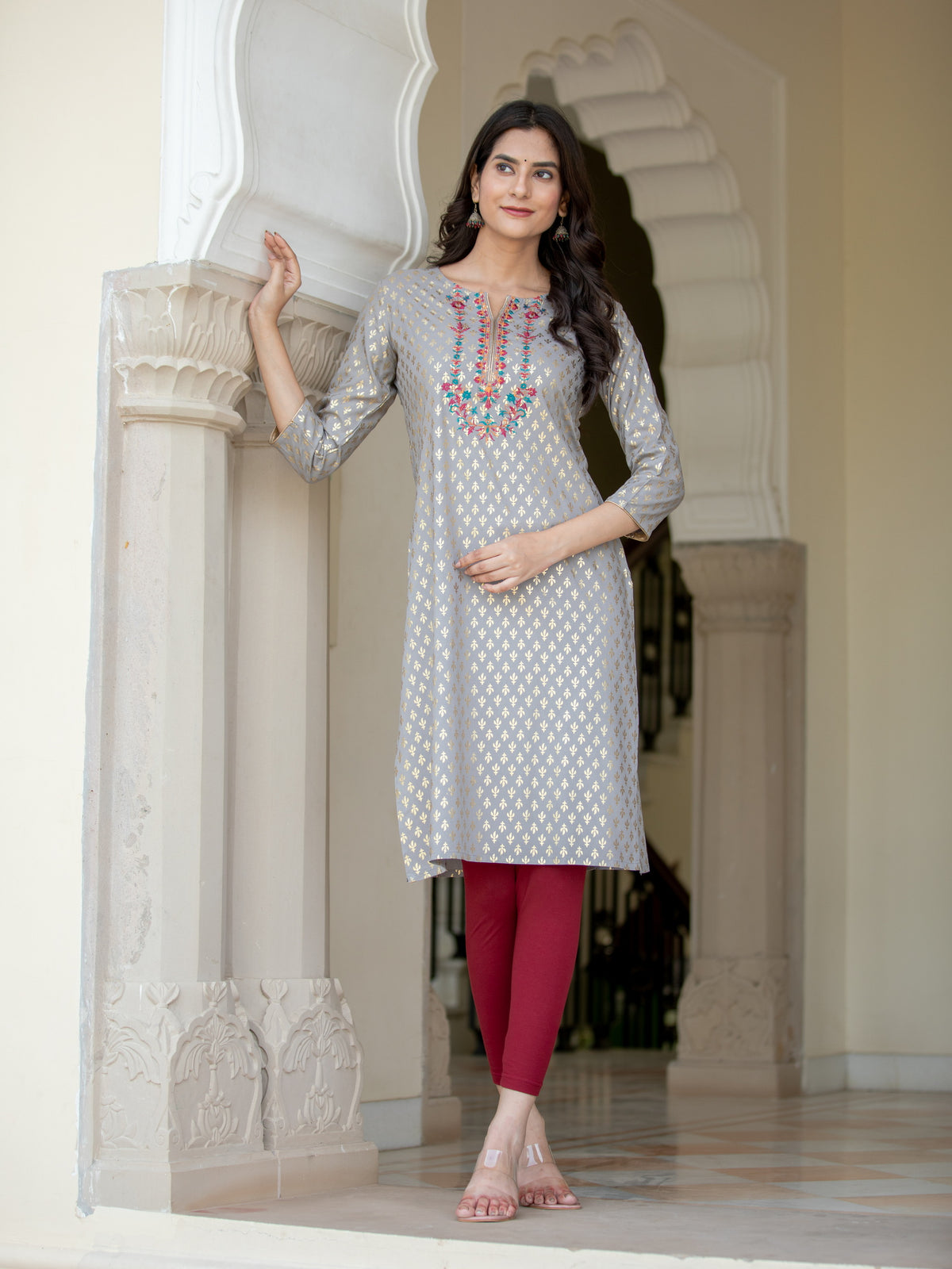 FOIL GOLD PRINTED EMBROIDERY EMBELLISHED STRAIGHT KURTI