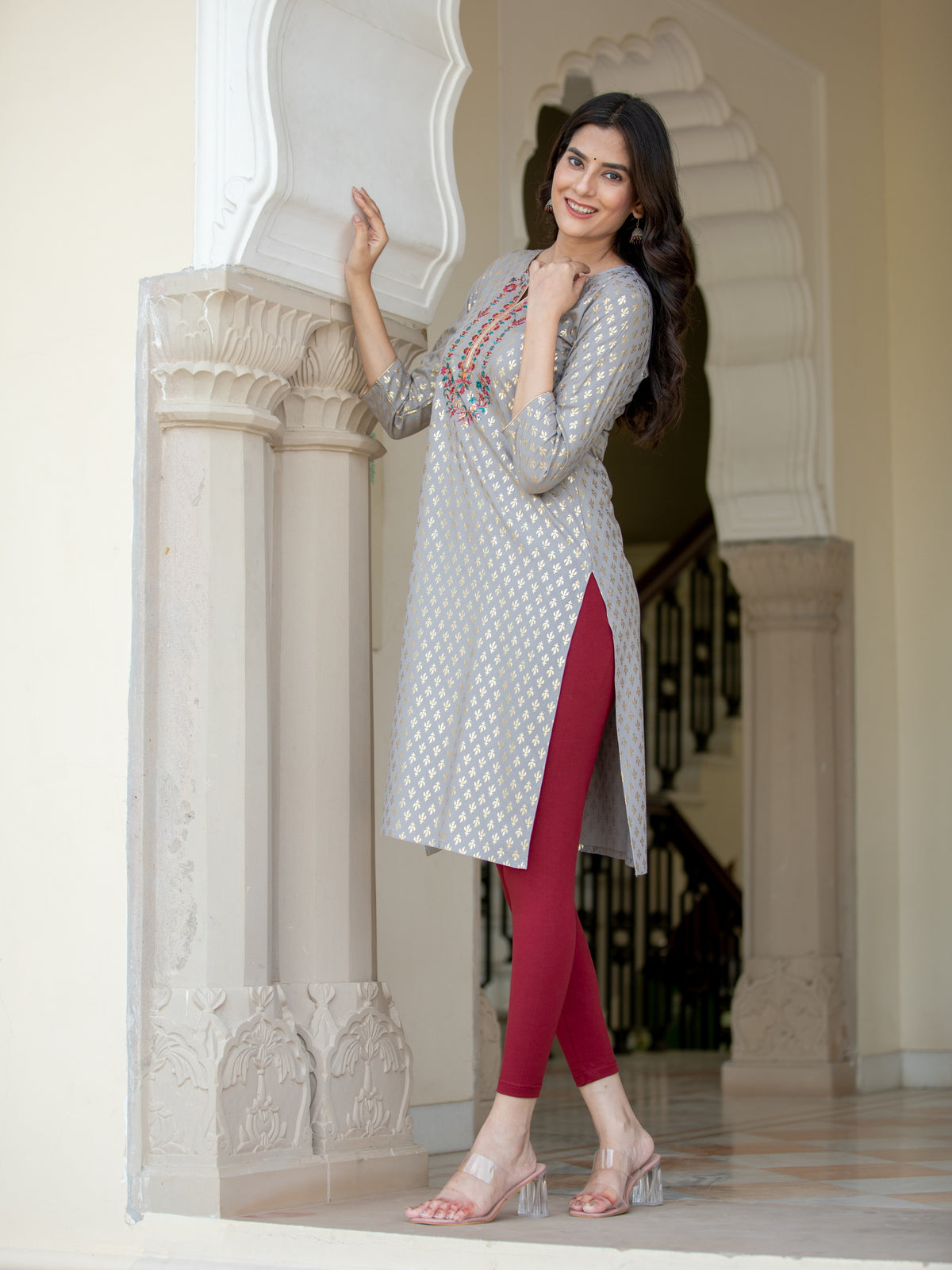 FOIL GOLD PRINTED EMBROIDERY EMBELLISHED STRAIGHT KURTI