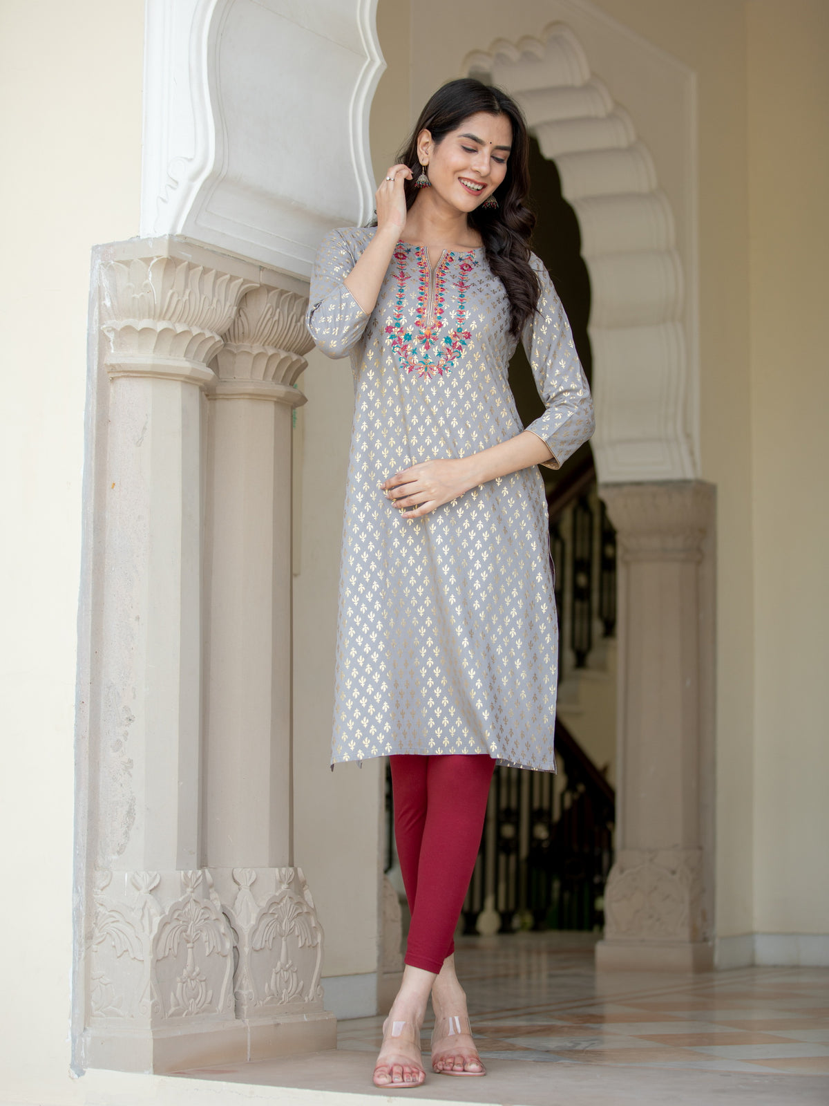 FOIL GOLD PRINTED EMBROIDERY EMBELLISHED STRAIGHT KURTI