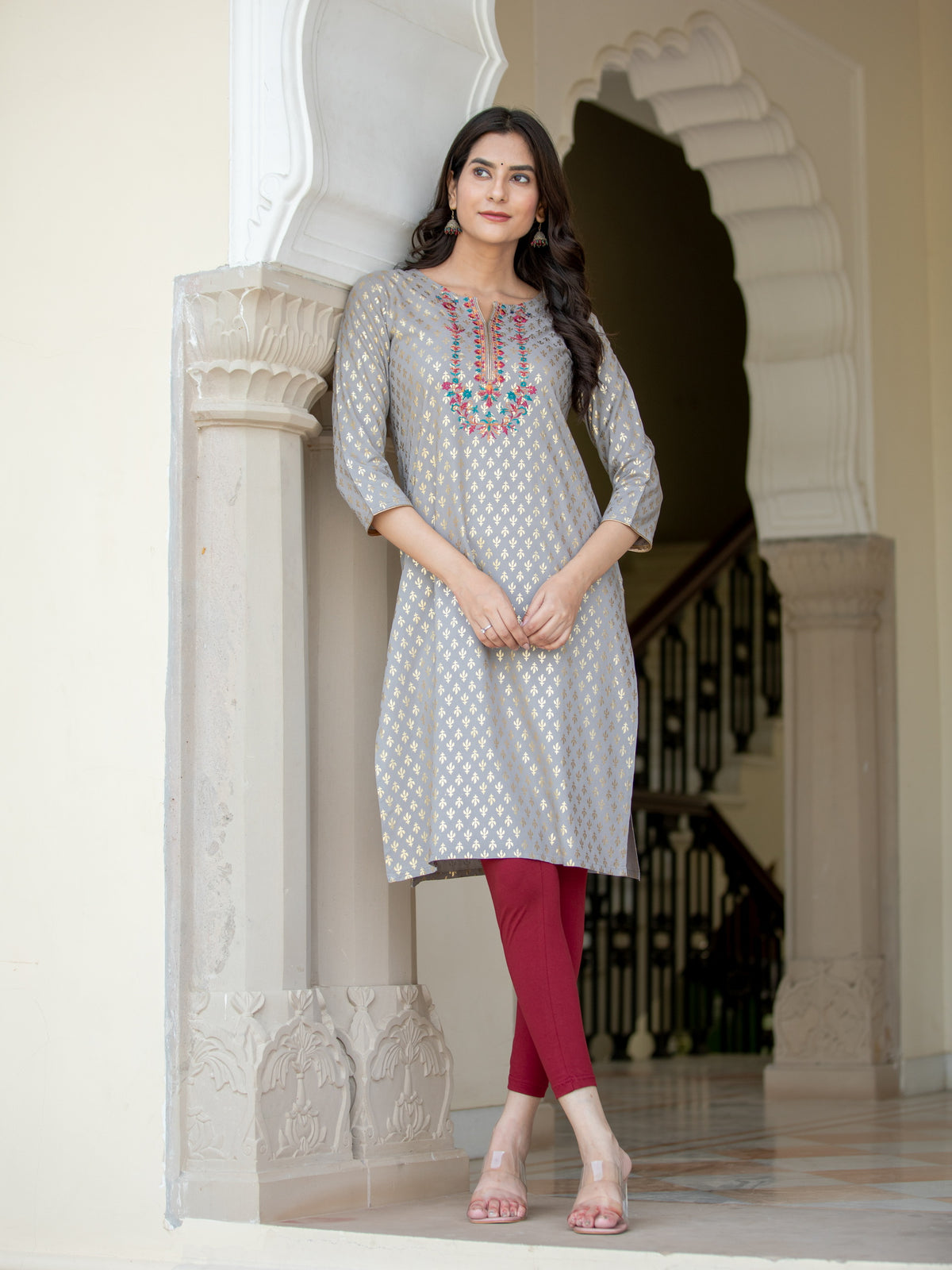 FOIL GOLD PRINTED EMBROIDERY EMBELLISHED STRAIGHT KURTI