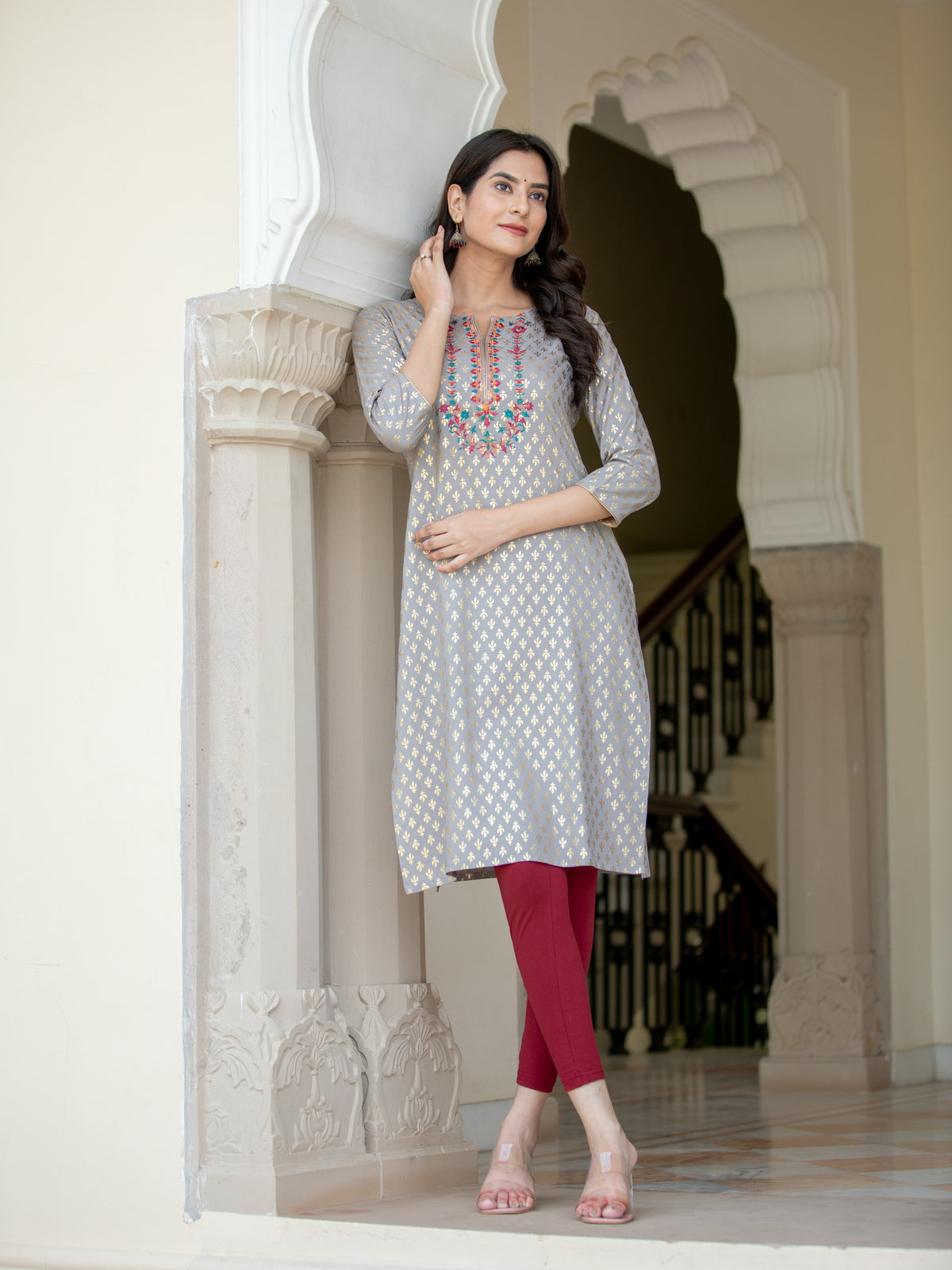 FOIL GOLD PRINTED EMBROIDERY EMBELLISHED STRAIGHT KURTI