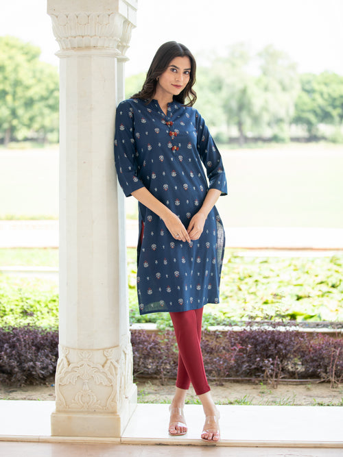 KHADI WITH GOLD PRINTED STRAIGHT KURTI