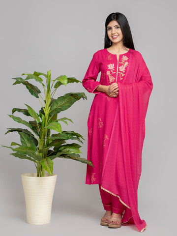 Barberry Pink 3 Pcs Kurta Set in Rayon Linen
