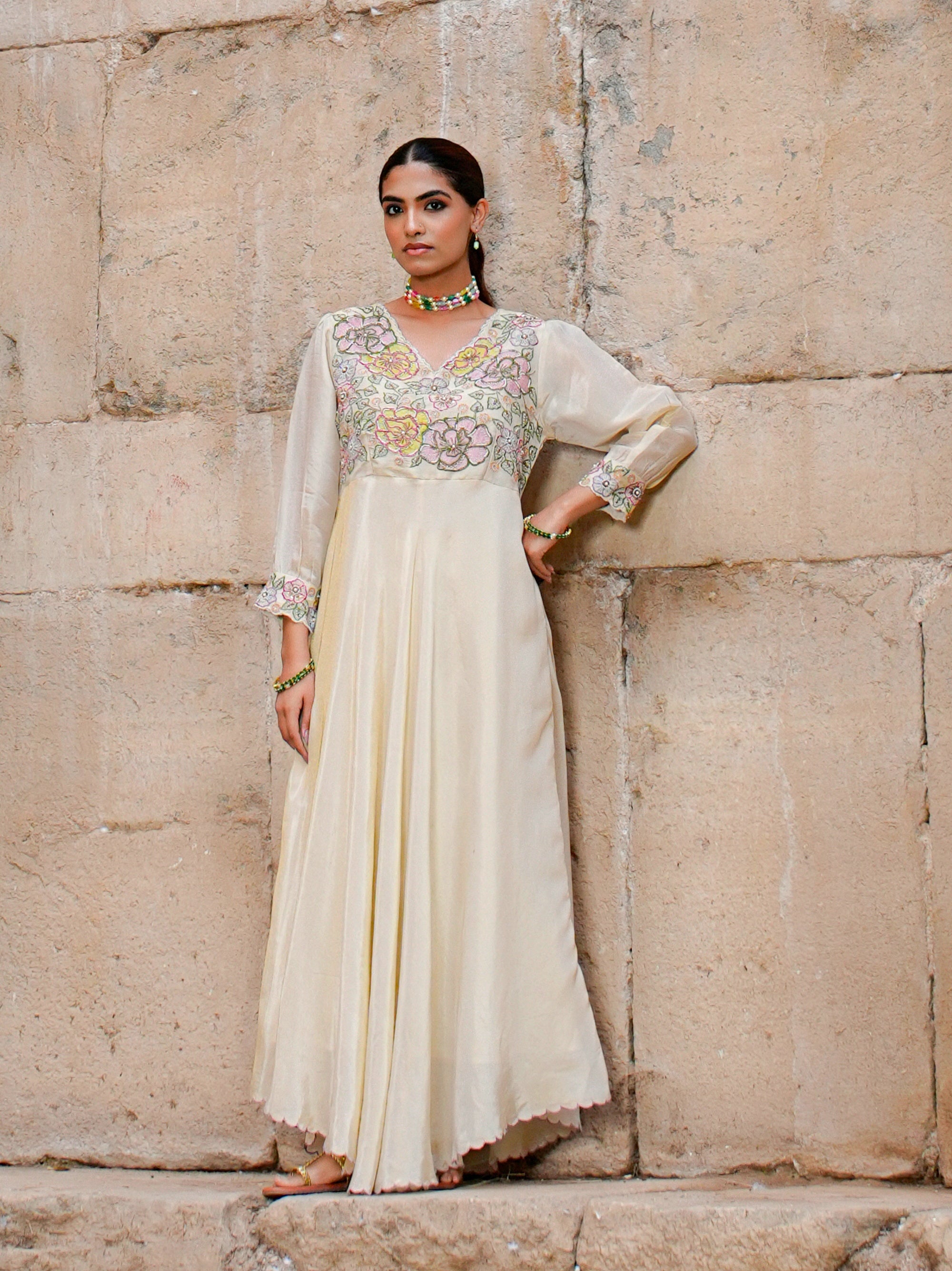 RICH ZARI SILK GOWM WITH PATCH WORK AND ADDA WORK DETAILS