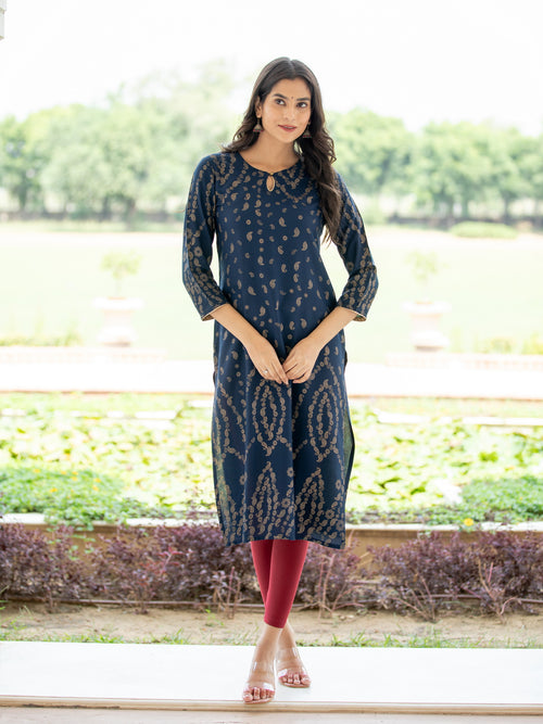 GOLD  PRINTED STRAIGHT KURTI