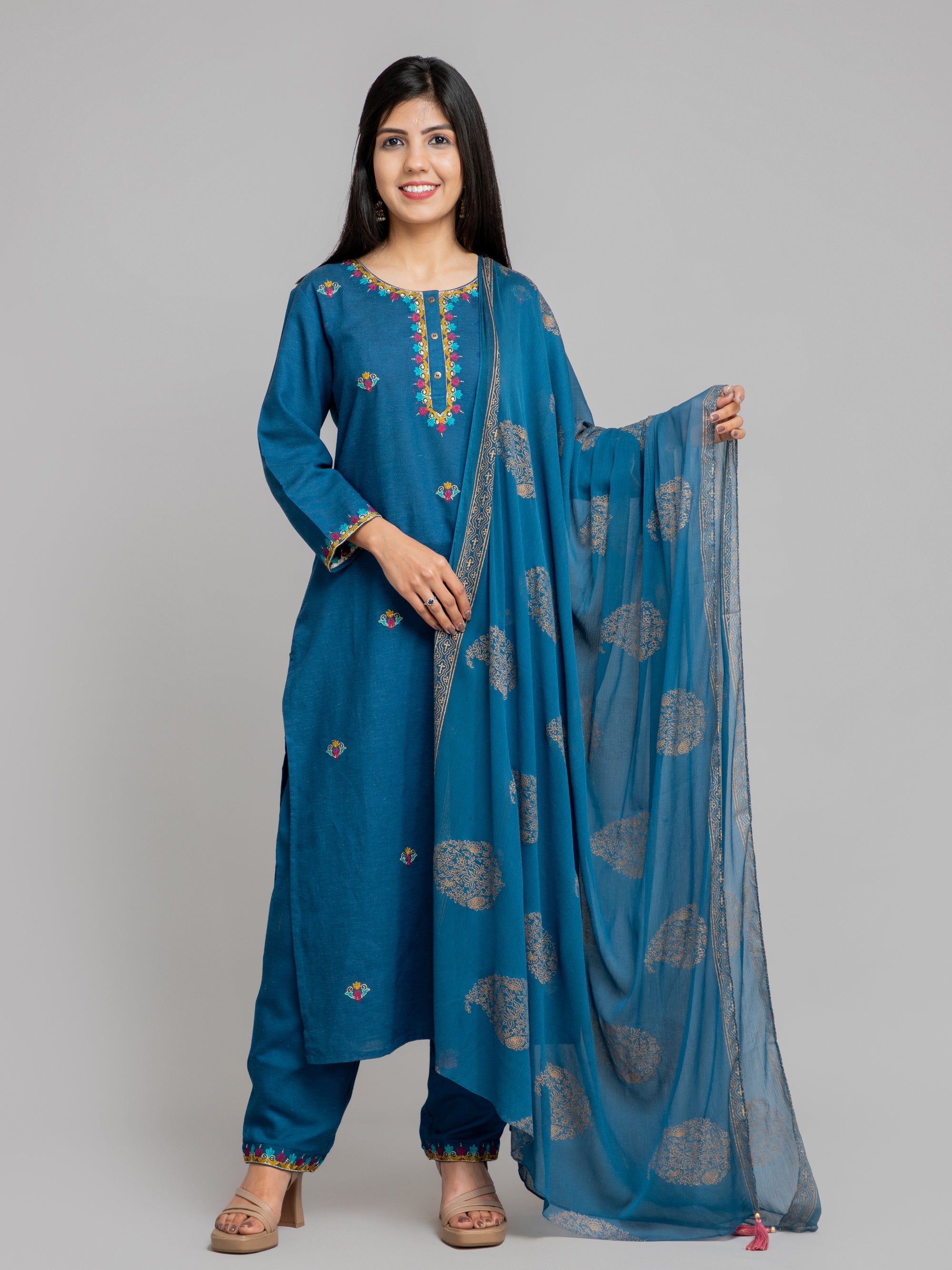 Marine Blue 3 Pcs Kurta Set in Rayon Linen