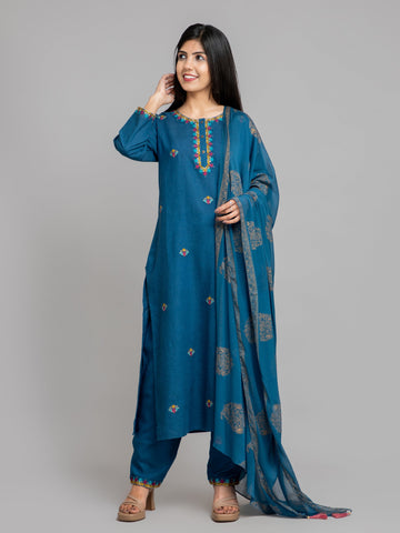 Marine Blue 3 Pcs Kurta Set in Rayon Linen