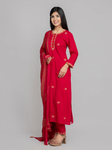 Maroon Red 3 Pcs Kurta Set in Rayon Linen