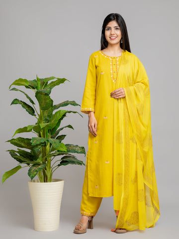 Sheen Green 3 Pcs Kurta Set in Rayon Linen