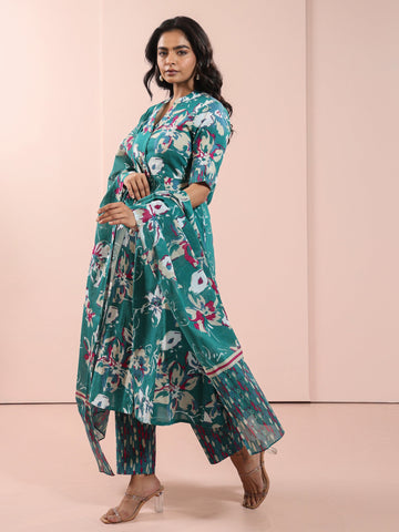 Deep Peacock Blue 3 Pcs Kurta Set in Mul Cotton