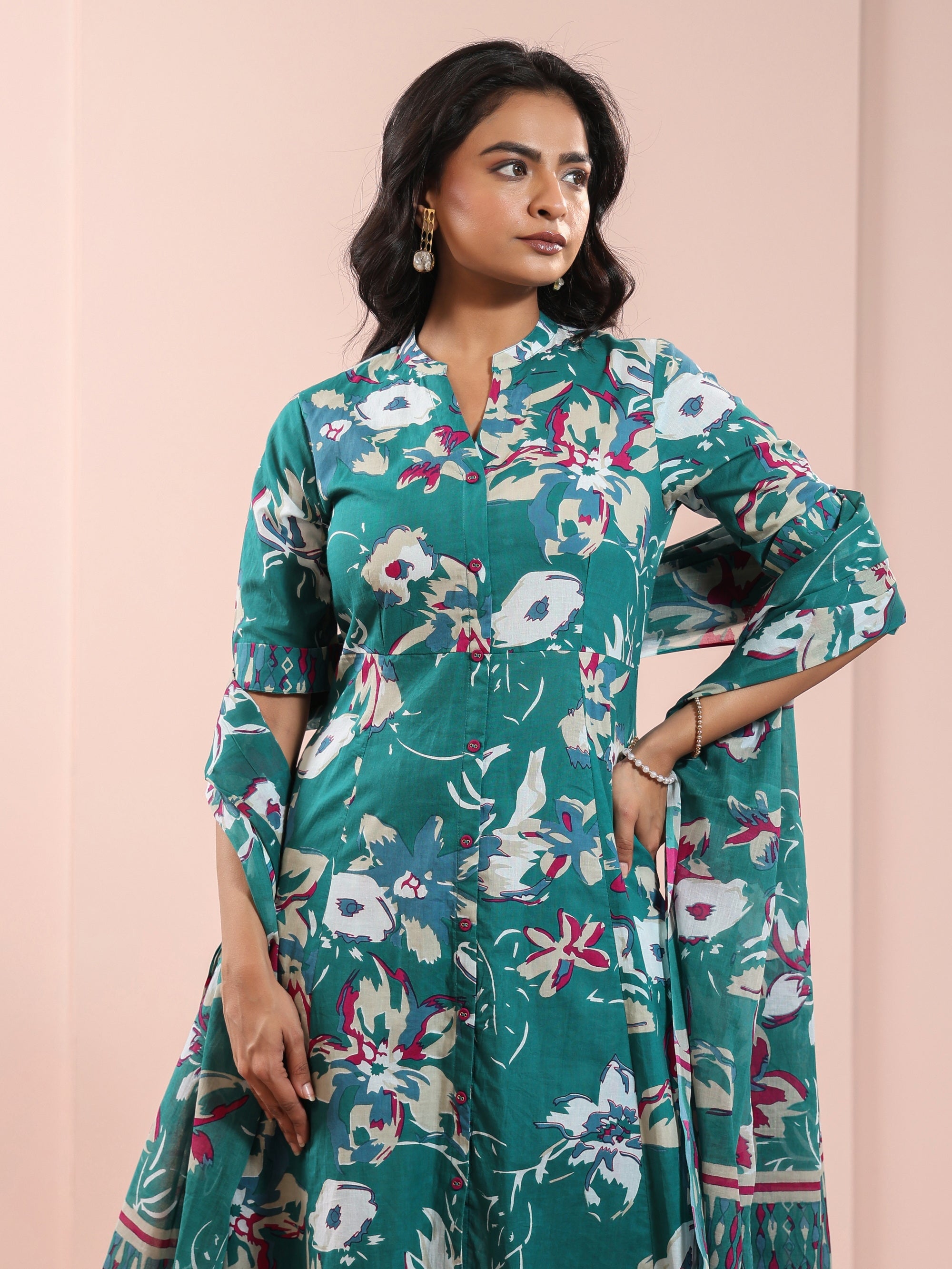 Deep Peacock Blue 3 Pcs Kurta Set in Mul Cotton