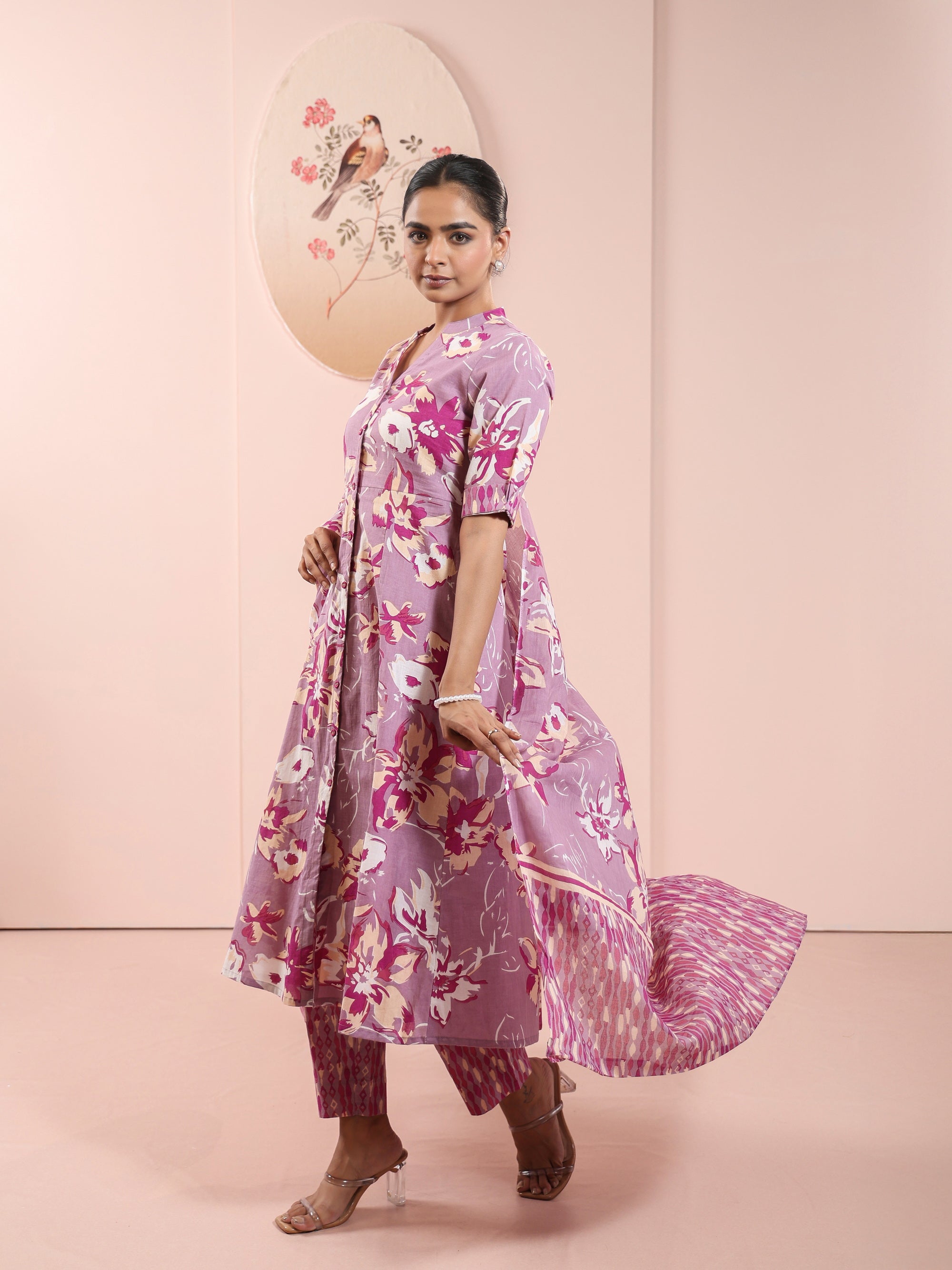 Mauve 3 Pcs Kurta Set in Mul Cotton