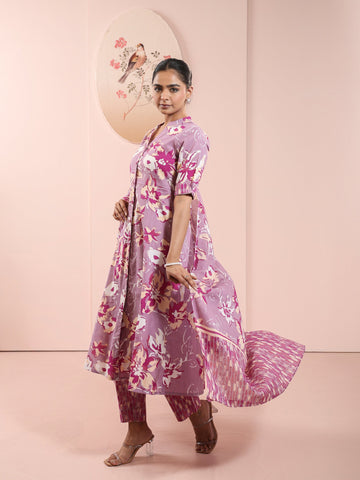 Mauve 3 Pcs Kurta Set in Mul Cotton