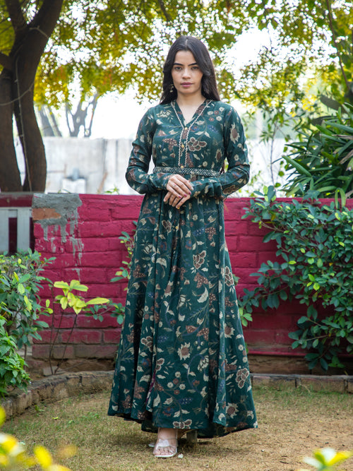 KALAMKARI PRINTED FLAIRED DRESS EMBELLISHED WITH ADDA WORK