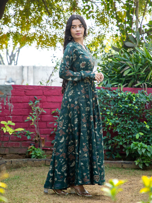 KALAMKARI PRINTED FLAIRED DRESS EMBELLISHED WITH ADDA WORK