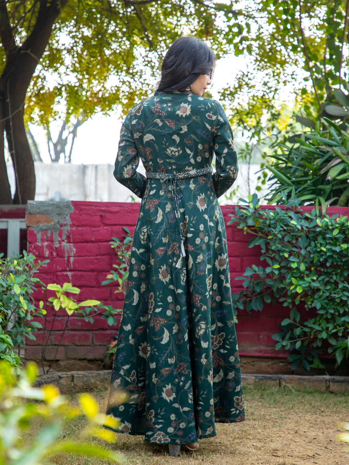 KALAMKARI PRINTED FLAIRED DRESS EMBELLISHED WITH ADDA WORK