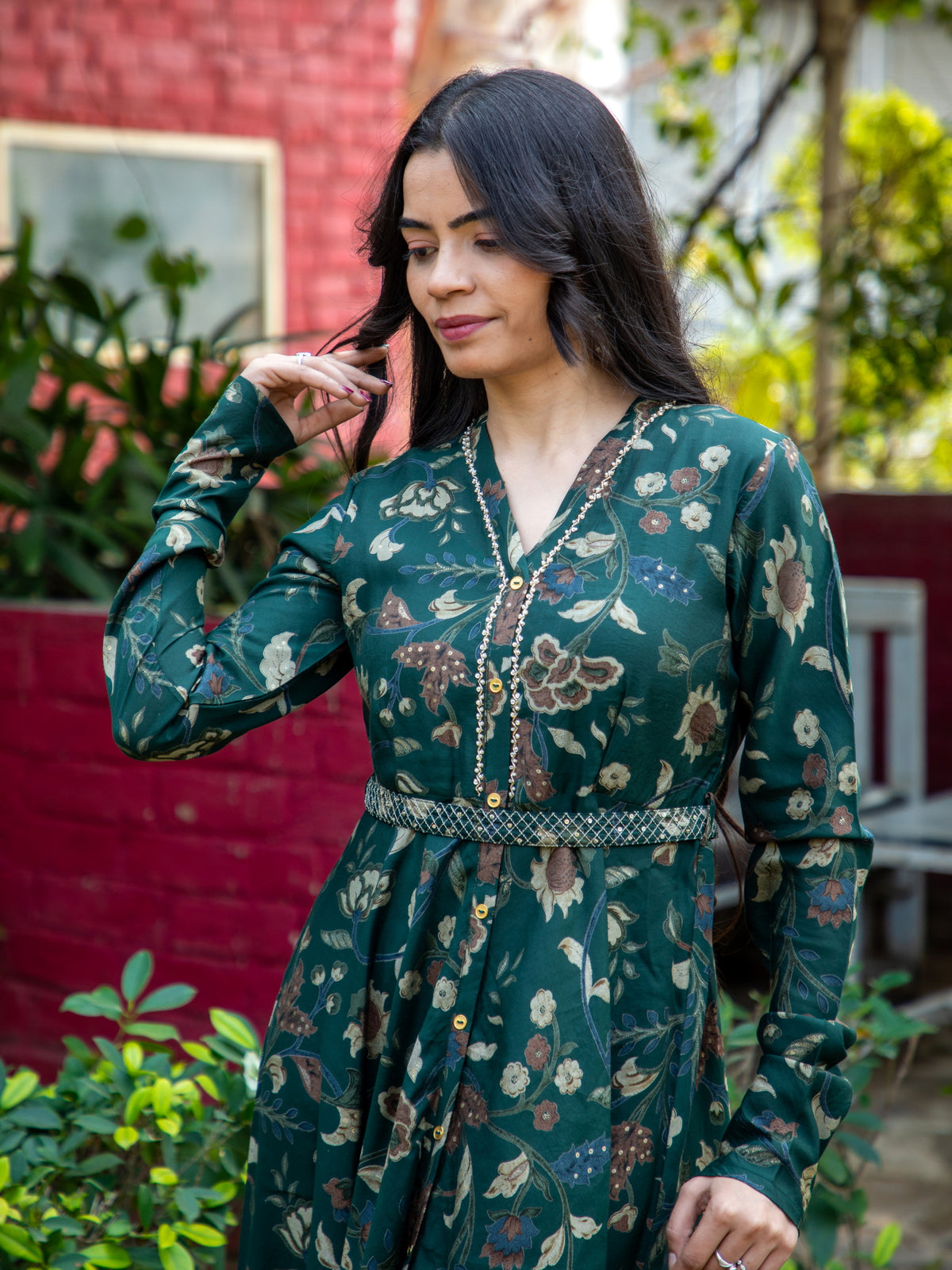 KALAMKARI PRINTED FLAIRED DRESS EMBELLISHED WITH ADDA WORK