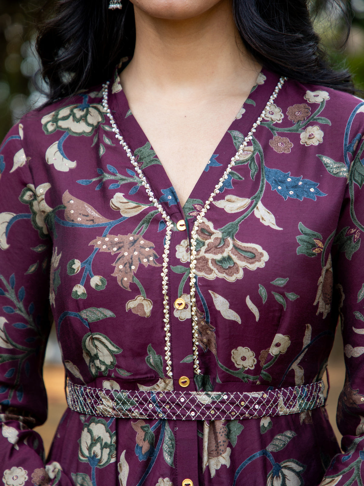 KALAMKARI PRINTED FLAIRED DRESS EMBELLISHED WITH ADDA WORK