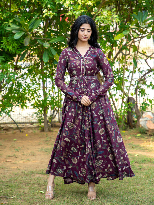 KALAMKARI PRINTED FLAIRED DRESS EMBELLISHED WITH ADDA WORK