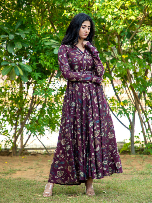 KALAMKARI PRINTED FLAIRED DRESS EMBELLISHED WITH ADDA WORK