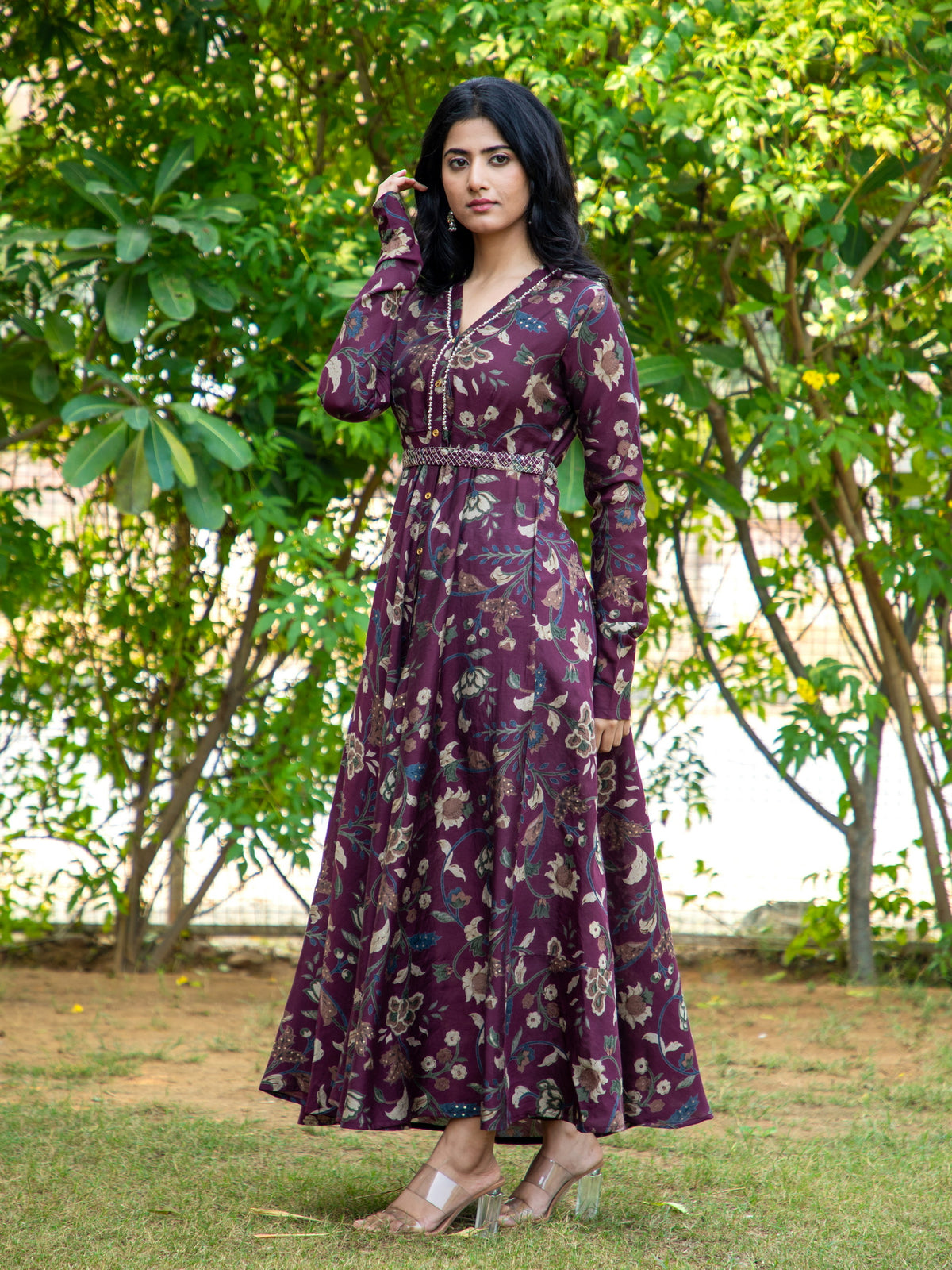 KALAMKARI PRINTED FLAIRED DRESS EMBELLISHED WITH ADDA WORK