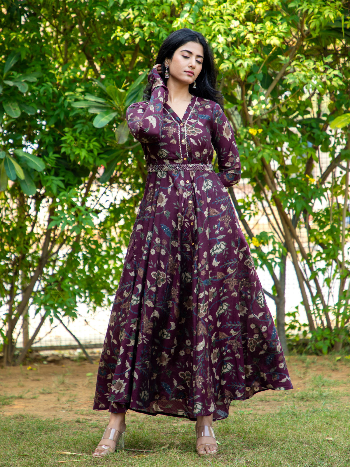 KALAMKARI PRINTED FLAIRED DRESS EMBELLISHED WITH ADDA WORK