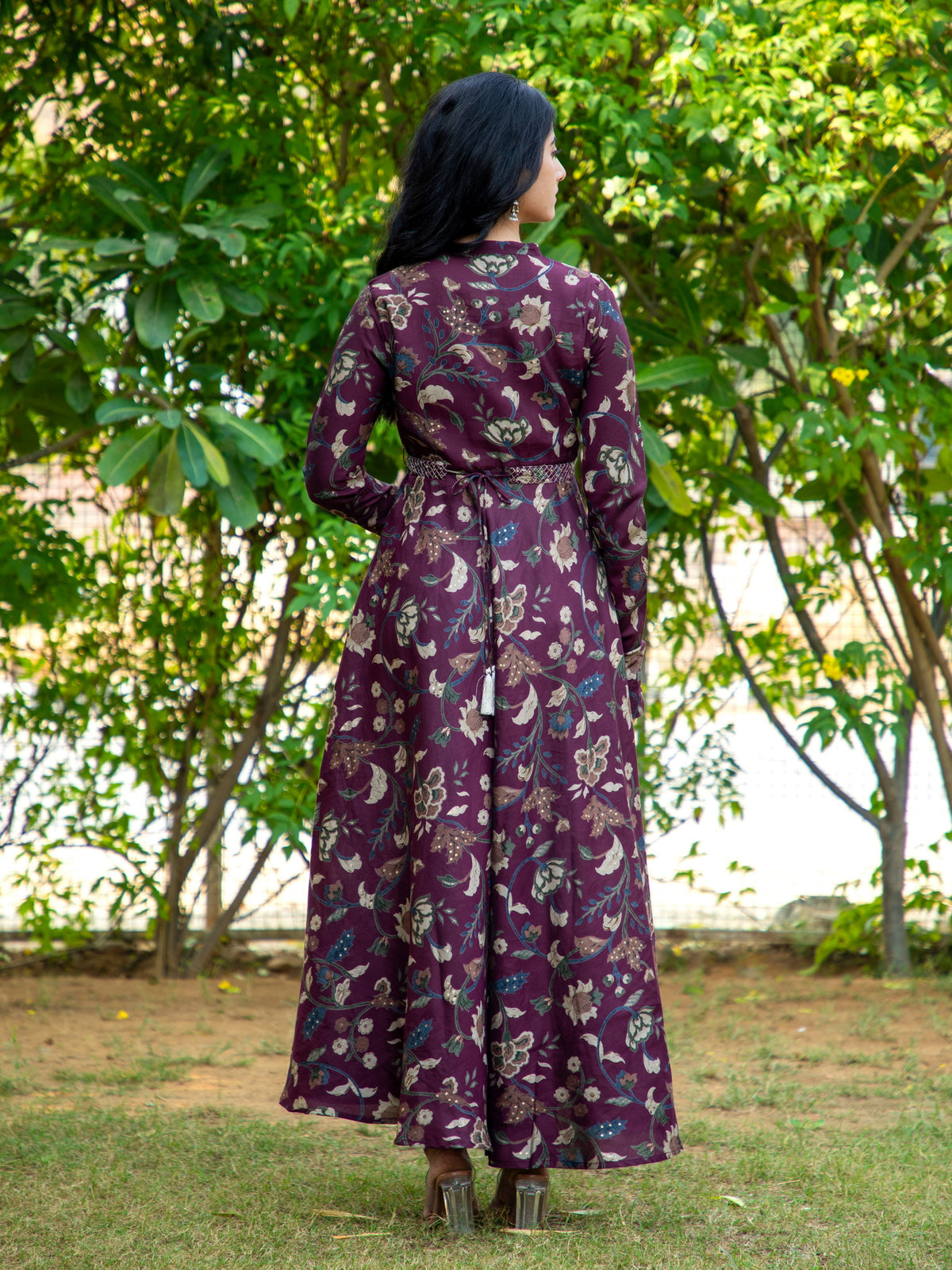 KALAMKARI PRINTED FLAIRED DRESS EMBELLISHED WITH ADDA WORK