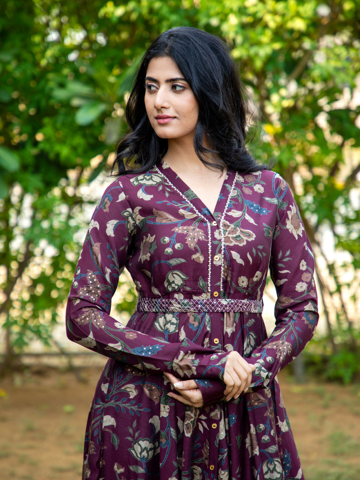 KALAMKARI PRINTED FLAIRED DRESS EMBELLISHED WITH ADDA WORK