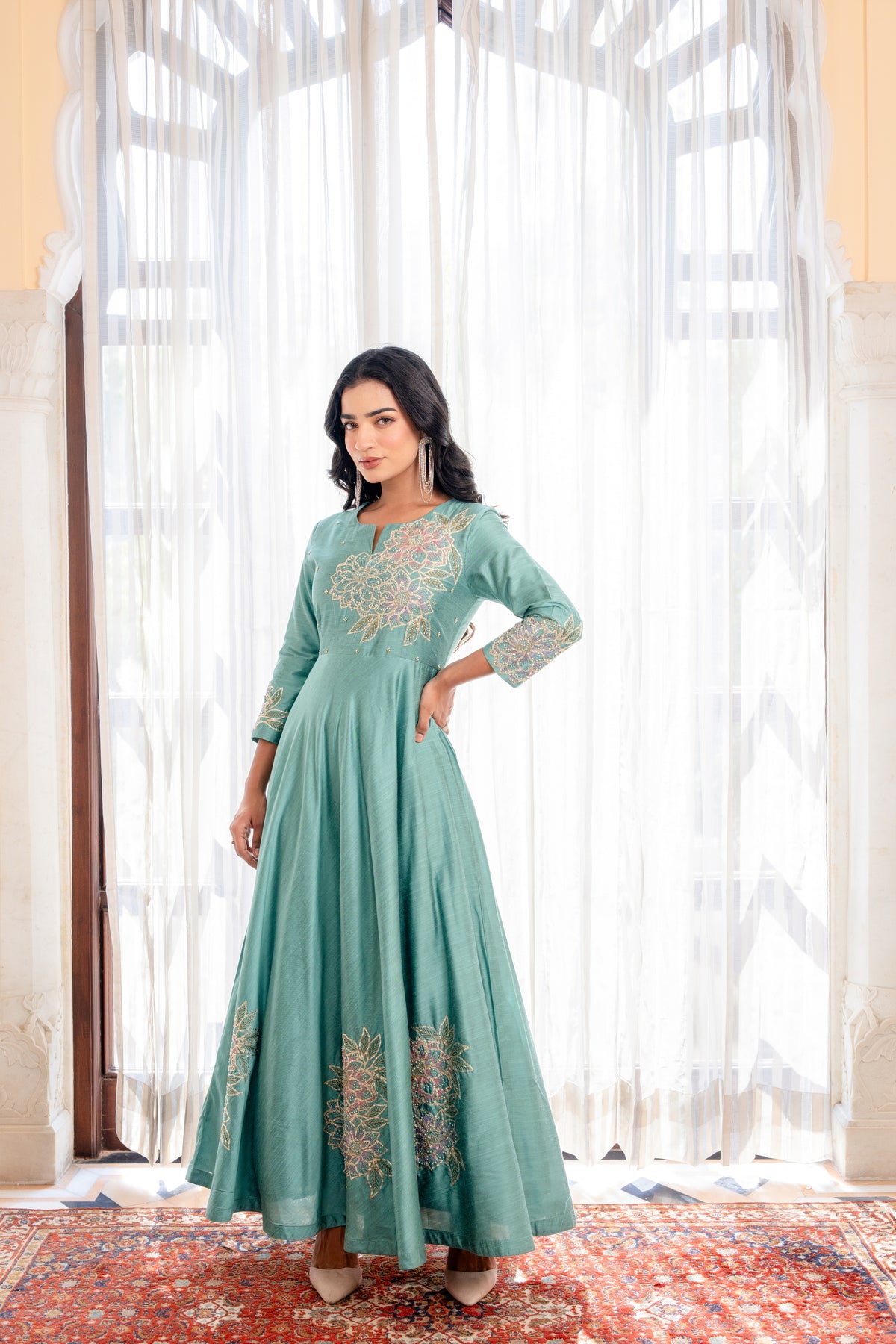 green embroidered gota lace and cutdana work gown dress