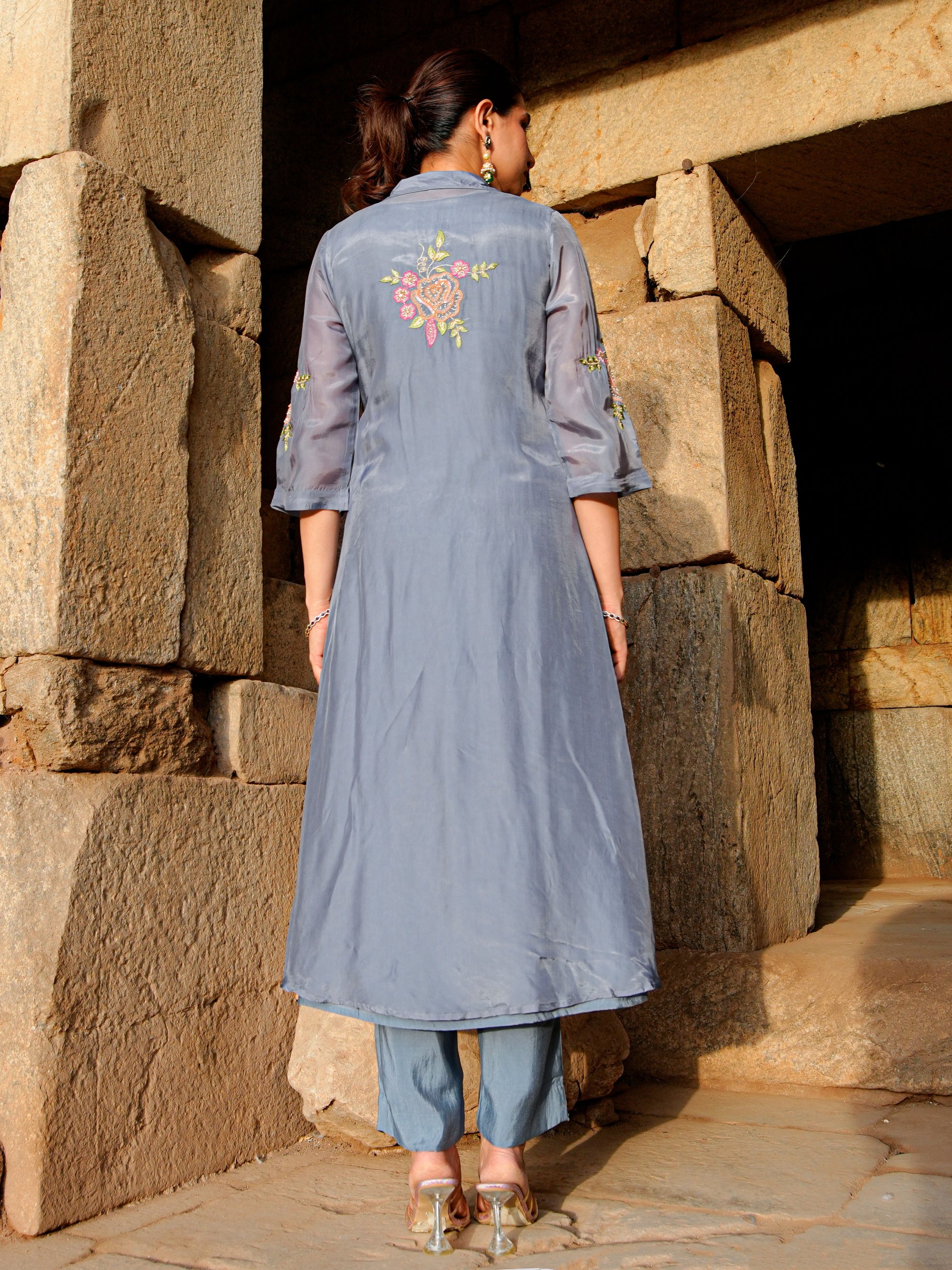 Copen Blue Roman Silk Flared Kurta Set Women Occasion Wear