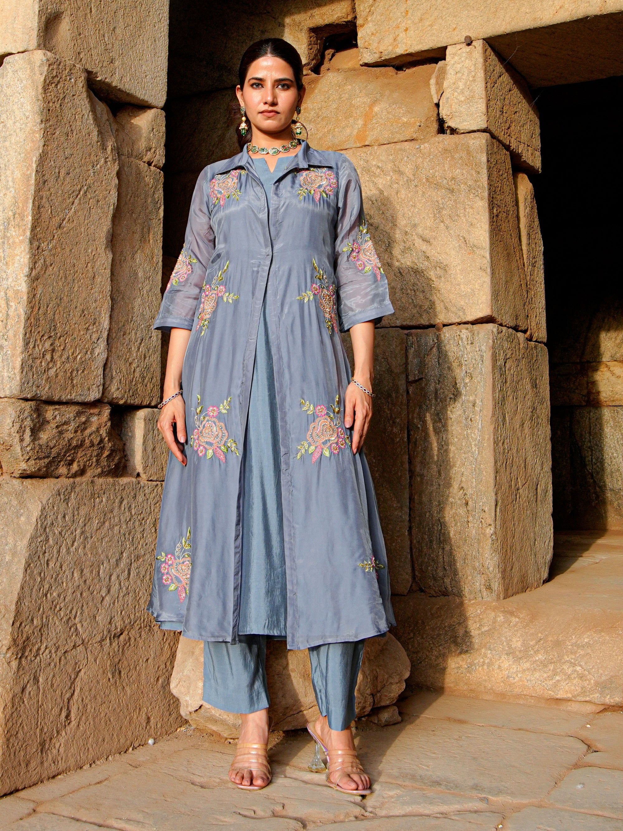 Copen Blue Roman Silk Flared Kurta Set Women Occasion Wear
