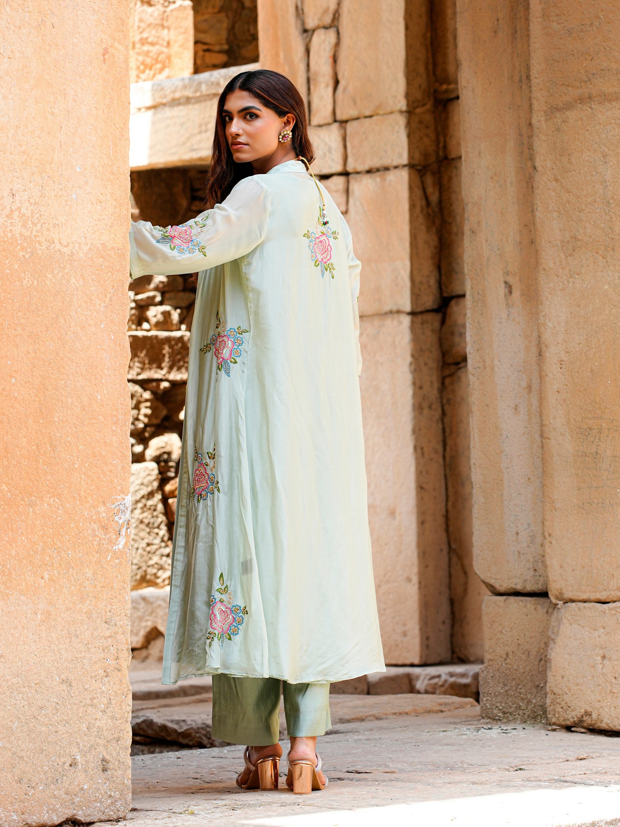 Sage Green Roman Silk Flared Kurta Set Women Occasion Wear