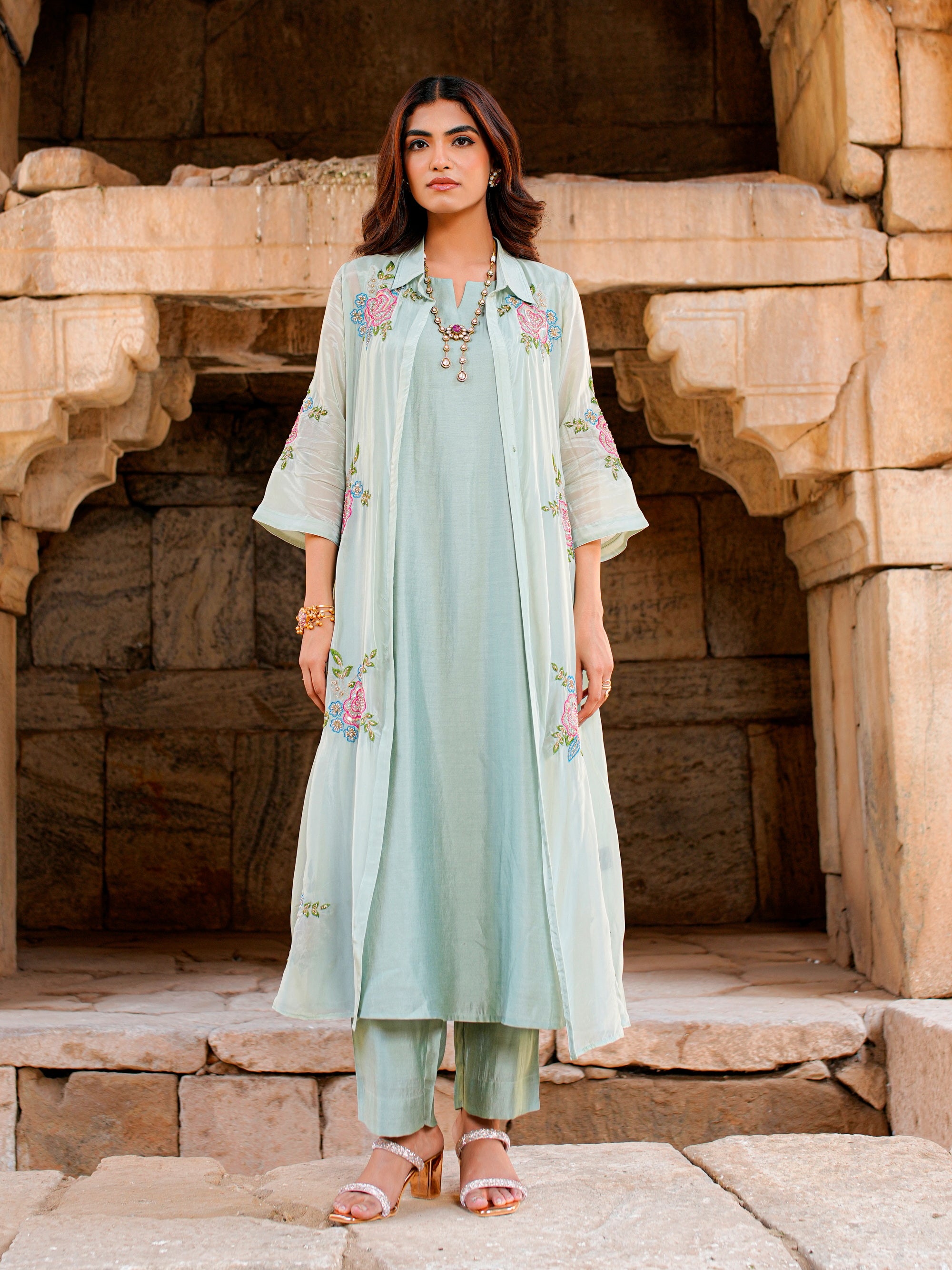 Sage Green Roman Silk Flared Kurta Set Women Occasion Wear