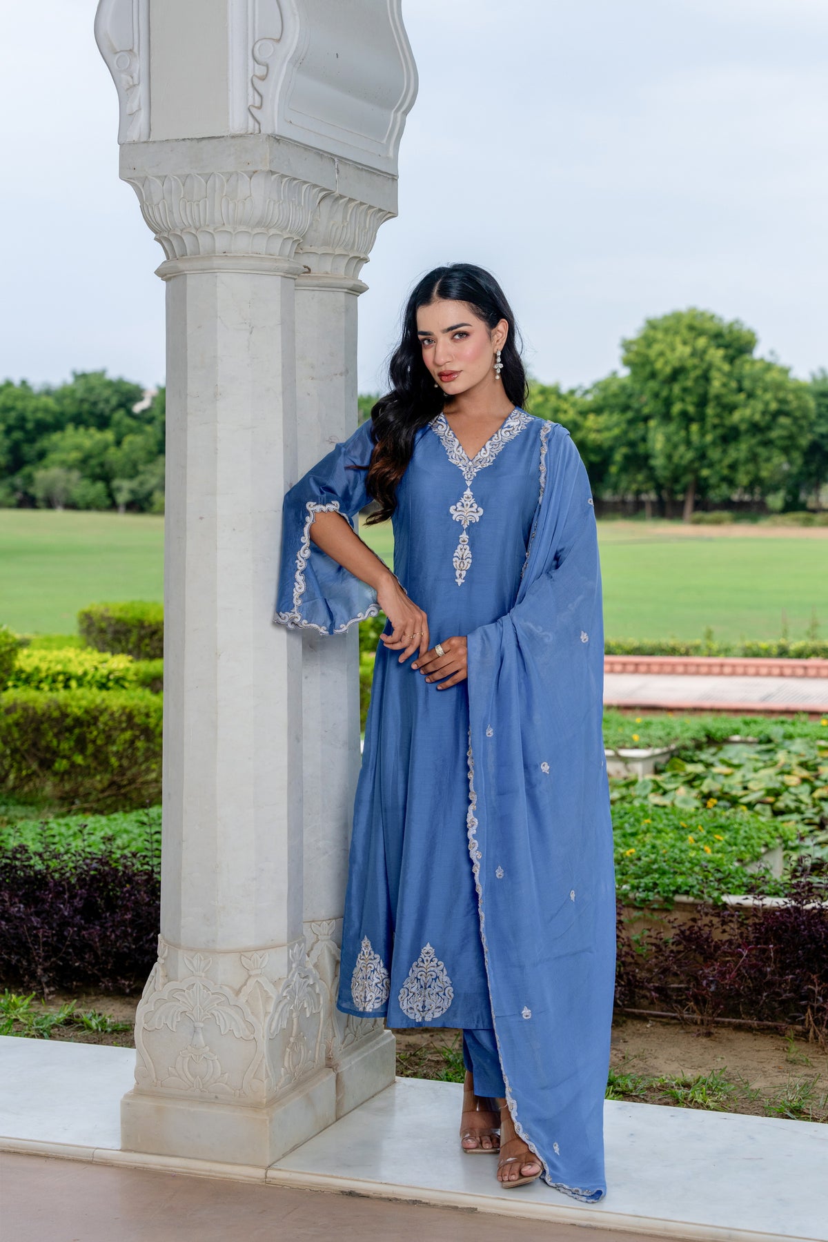 3 pcs embroidered flaired kurta set with hand adda work .