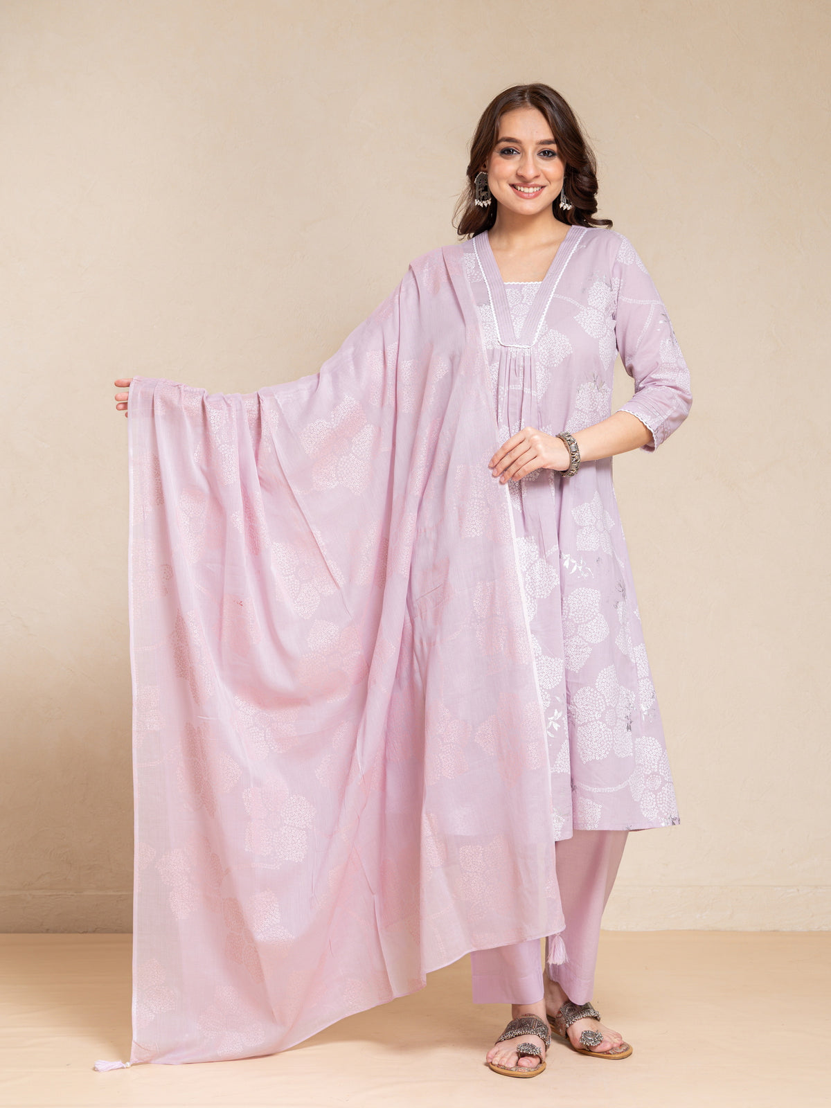 MUL COTTON KHADI PRINTED FLARED 3PC KURTA SET