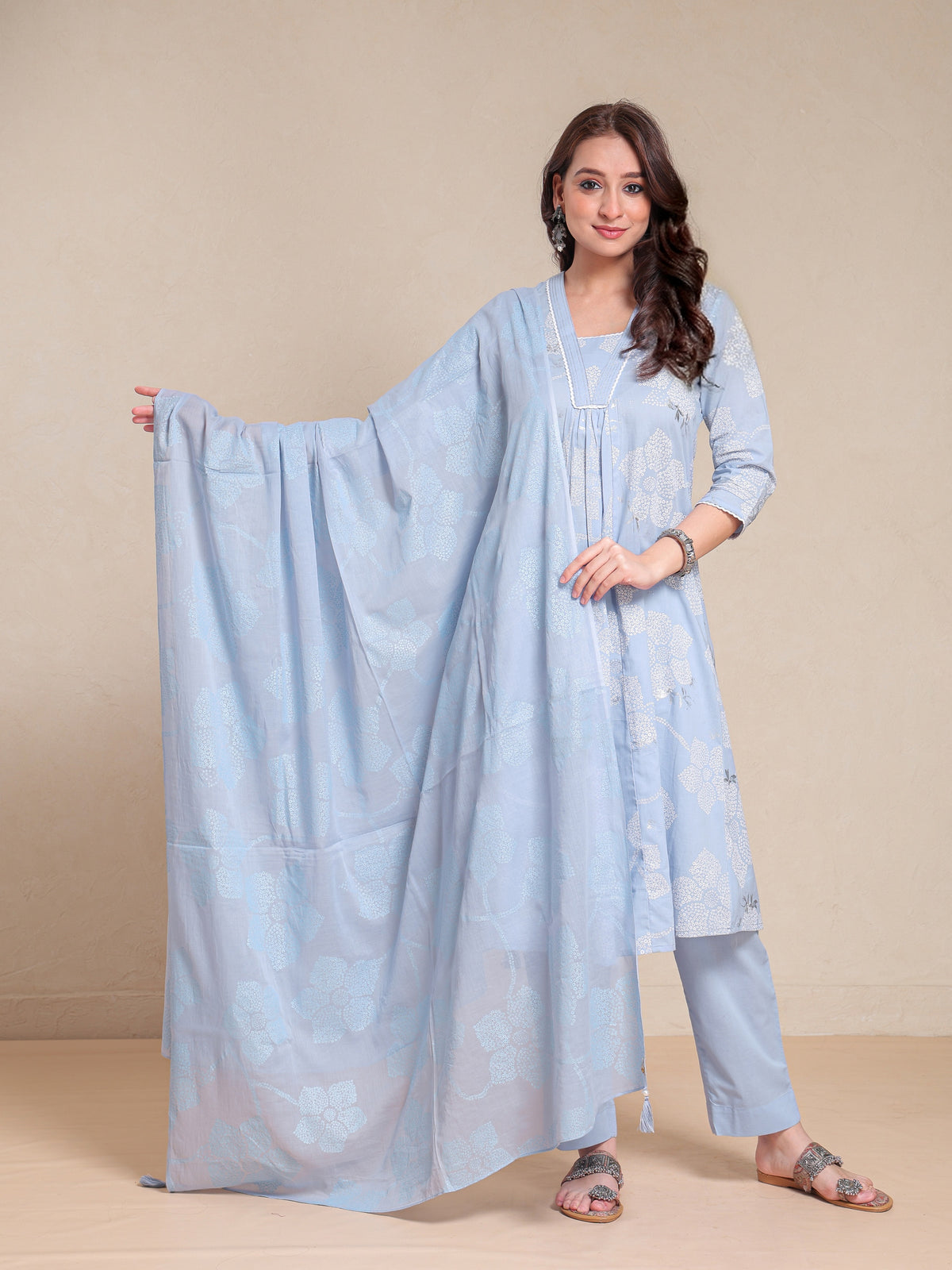 MUL COTTON KHADI PRINTED FLARED 3PC KURTA SET
