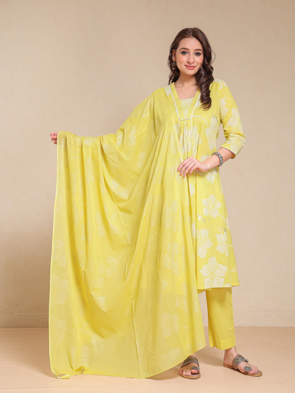 MUL COTTON KHADI PRINTED FLARED 3PC KURTA SET