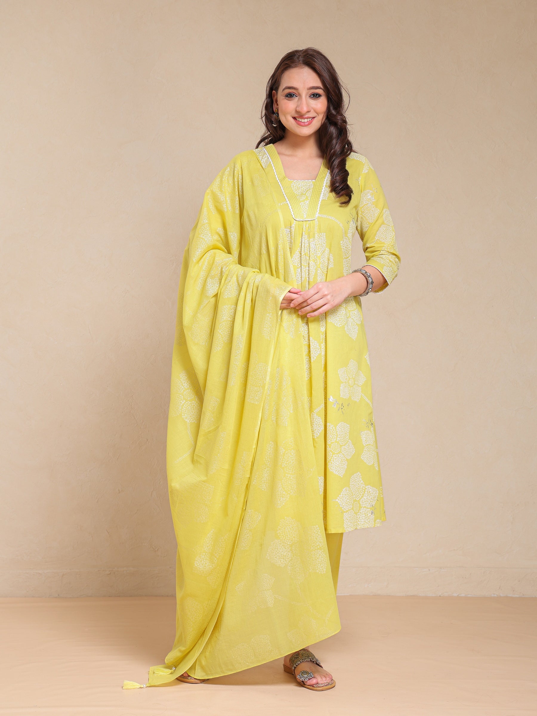 MUL COTTON KHADI PRINTED FLARED 3PC KURTA SET