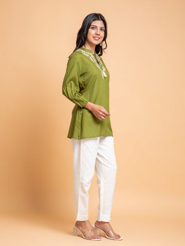 Green Olive Top in Rayon Ethnic